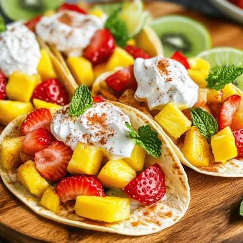 Tropical fruit tacos are a vibrant and refreshing dish that brings a burst of color and flavor to your table. Imagine sinking your teeth into a soft tortilla filled with juicy, ripe fruits, all harmoniously blended together to create a delightful culinary experience. This delightful fusion of sweet fruits and a traditional taco format not only surprises the palate but also offers a feast for the eyes. Perfect for sunny days, these tacos embody the spirit of summer, making them a wonderful choice for brunches, dessert parties, or an invigorating snack any time of the year.