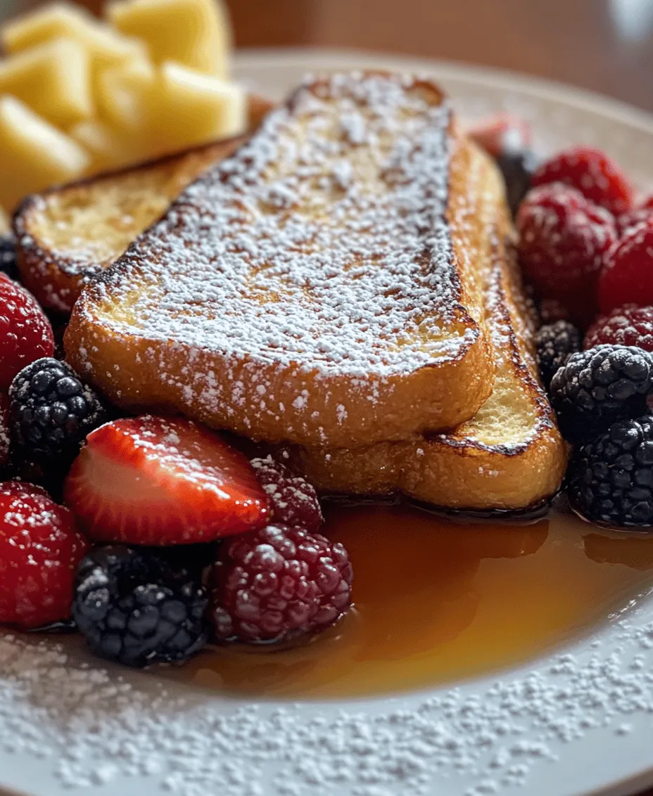 French toast is a beloved breakfast classic that has stood the test of time, transcending cultures and generations. This delightful dish, known for its crispy edges and soft, custardy center, is a comforting way to start any day. Among the myriad variations of French toast, the <strong>Classic French Toast Delight</strong> made with brioche or challah stands out for its unique texture and rich flavor profile. These types of bread elevate the dish to a gourmet level, making it not just a meal but an experience.” /></p>
</p>
<h3>Visual Indicators of Doneness: Achieving Golden Brown Perfection</h3>
</p>
<p>When preparing Classic French Toast Delight, achieving that perfect golden brown color is essential for both visual appeal and taste. The key to mastering this lies in understanding the cooking process.</p>
</p>
<p>As you cook, keep a close eye on the French toast. You’ll want to see a beautiful golden hue on each slice. Typically, this takes about 3-4 minutes on medium heat for each side, depending on the thickness of your bread and the heat of your skillet. Use a spatula to gently lift the edge of a piece to check the color; if it’s not quite there, give it another minute.</p>
</p>
<p>Additionally, you can gauge doneness by the texture. A perfectly cooked slice should be firm yet slightly springy to the touch. If you press too hard and it feels mushy, it may need more time in the pan. Once you’ve reached that desirable golden brown color, remove the French toast from the heat and allow it to rest on a wire rack for a minute. This helps maintain its crispness while you finish cooking the remaining slices.</p>
</p>
<h3>Serving Suggestions</h3>
</p>
<p>Serving Classic French Toast Delight can elevate your breakfast experience. Here are some ideas that will take your dish to the next level.</p>
</p>
<h4>Drizzling with Maple Syrup: Choosing the Right Syrup for Flavor</h4>
</p>
<p>No French toast is complete without a generous drizzle of maple syrup. Opt for 100% pure maple syrup, which offers a rich flavor profile that complements the sweetness of the toast beautifully. The distinct taste of authentic maple syrup can transform your French toast from ordinary to extraordinary.</p>
</p>
<p>For a twist, consider flavored syrups, such as vanilla or cinnamon-infused varieties, which can add an exciting depth to your dish. Just remember to pour it on generously—after all, that’s what makes French toast so delightful!</p>
</p>
<h4>Garnishing with Fresh Berries: Seasonal Options and Benefits</h4>
</p>
<p>Adding fresh berries not only enhances the flavor but also adds a vibrant pop of color to your plate. Strawberries, blueberries, raspberries, and blackberries are excellent choices. They provide a refreshing contrast to the sweet, rich flavors of the toast and are packed with vitamins and antioxidants.</p>
</p>
<p>To make the most of seasonal fruits, consider visiting local farmers’ markets. In summer, you could add sliced peaches or cherries, while fall might call for apples or pears. Simply toss your chosen berries in a bit of sugar or lemon juice to enhance their natural sweetness before decorating your French toast.</p>
</p>
<h4>Optional Toppings: Exploring Powdered Sugar and Other Creative Garnishes</h4>
</p>
<p>For a touch of elegance, dust your French toast with powdered sugar just before serving. This not only adds a sweet touch but also enhances the visual appeal.</p>
</p>
<p>You can also get creative with other toppings. Consider whipped cream, a dollop of yogurt, or even nut butter for those who prefer a heartier breakfast. A sprinkle of cinnamon or nutmeg can also provide a warm, aromatic finish. For a chocolate lover’s twist, try drizzling melted chocolate or chocolate syrup over the top for an indulgent treat.</p>
</p>
<h3>Nutritional Overview</h3>
</p>
<p>While Classic French Toast Delight is undeniably a breakfast indulgence, it also offers some nutritional benefits worth noting.</p>
</p>
<h4>Nutritional Benefits of the Ingredients Used</h4>
</p>
<p>The primary ingredients in French toast—eggs, bread, and milk—each contribute their own set of nutrients.</p>
</p>
<p>– <strong>Protein Content from Eggs</strong>: Eggs are a fantastic source of high-quality protein, which is vital for muscle repair and overall health. One large egg provides about 6 grams of protein, making it an excellent choice to keep you feeling full throughout the morning.</p>
</p>
<p>– <strong>Healthy Fats from Unsalted Butter</strong>: Using unsalted butter not only enriches the flavor but also provides healthy fats, which are necessary for absorbing fat-soluble vitamins A, D, E, and K. Moderation is key, of course, as butter is calorie-dense.</p>
</p>
<p>– <strong>Fiber Options with Whole Grain Bread Choices</strong>: Choosing whole grain bread over white bread adds essential fiber to your meal, promoting digestion and helping to regulate blood sugar levels. Whole grains are also linked to a lower risk of chronic diseases.</p>
</p>
<h4>A Look at Calories and Portion Sizes: Balancing Indulgence with Nutrition</h4>
</p>
<p>A standard serving of Classic French Toast Delight can range from 250 to 400 calories, depending on the type and amount of toppings used. To enjoy this dish while maintaining a balanced diet, consider serving one or two slices along with a side of fresh fruit or yogurt. This not only enhances the meal’s nutritional profile but also adds variety to your breakfast.</p>
</p>
<h3>Variations of Classic French Toast</h3>
</p>
<p>The beauty of Classic French Toast Delight is its versatility. Here are some creative variations to inspire your breakfast routine.</p>
</p>
<h4>Exploring Creative Twists on the Classic Recipe</h4>
</p>
<p>1. <strong>Stuffed French Toast Options</strong>: For a decadent twist, try stuffing your French toast with cream cheese, fruit preserves, or even Nutella. Simply spread your filling between two slices of egg-soaked bread and cook as usual. This creates a deliciously gooey center that elevates the overall experience.</p>
</p>
<p>2. <strong>Savory Variations</strong>: If you’re in the mood for something different, consider a savory version. Incorporate ingredients like shredded cheese, sautéed spinach, or fresh herbs into the egg mixture. This savory French toast pairs well with a side of crispy bacon or smoked salmon.</p>
</p>
<p>3. <strong>Vegan and Dairy-Free Alternatives</strong>: For those following a vegan or dairy-free diet, there are plenty of substitutions available. Use almond milk or coconut milk in place of regular milk and a flaxseed meal or chia seeds mixed with water as an egg replacer. These substitutions still yield a delicious and satisfying French toast.</p>
</p>
<h3>Cultural Significance of French Toast</h3>
</p>
<p>Classic French Toast has a rich history that spans various cultures and culinary traditions.</p>
</p>
<h4>A Brief History of French Toast Across Cultures</h4>
</p>
<p>The origins of French toast date back to ancient Roman times, where it was known as “Pan Dulcis.” The Romans soaked bread in a mixture of milk and egg before frying it, much like we do today.</p>
</p>
<p>Over the centuries, different cultures have put their unique spin on the dish. In France, it is called “pain perdu,” which means “lost bread,” reflecting its use as a way to utilize stale bread. In Spain, “torrijas” are often served during Holy Week and are infused with cinnamon and sugar.</p>
</p>
<h4>Variations Found in Different Countries</h4>
</p>
<p>Each country has its own take on this beloved dish. In the United States, French toast is often served at breakfast diners, while in Germany, “Arme Ritter” (poor knights) features a similar preparation. In Japan, “Shokupan” is thickly sliced, soft bread that is perfectly suited for French toast, often served with a sweet syrup or fruit toppings.</p>
</p>
<h4>The Evolution of the Dish and Its Place in Culinary Traditions</h4>
</p>
<p>French toast has evolved into a versatile dish loved by many. Its adaptability allows it to be enjoyed both sweet and savory, making it a staple in breakfast menus worldwide. As culinary trends continue to evolve, French toast remains a comforting favorite that brings joy to breakfast tables everywhere.</p>
</p>
<h3>Conclusion</h3>
</p>
<p>Classic French Toast Delight is not just a breakfast dish; it’s an experience filled with warmth and nostalgia. Whether you’re drizzling it with pure maple syrup, garnishing it with fresh berries, or exploring creative variations, this dish offers endless possibilities for enjoyment.</p>
</p>
<p>Encouraging culinary creativity, we invite you to experiment with different toppings and variations that suit your tastes. The satisfaction of making and sharing a comforting homemade breakfast is unmatched, creating cherished memories around the table. So gather your ingredients, invite loved ones, and indulge in the joy of Classic French Toast Delight.</p>
<div id=