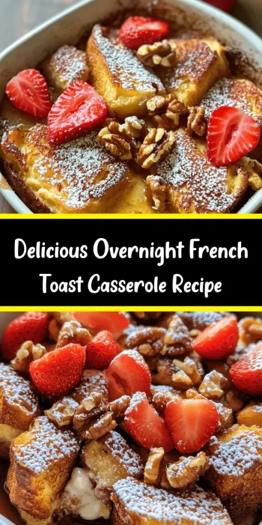 Indulge in a delicious Overnight French Toast Casserole that’s perfect for brunch or a cozy breakfast! This easy recipe combines soft brioche or challah bread with a rich custard made from eggs, milk, and cream, all flavored with vanilla and cinnamon. Optional strawberries and nuts add a lovely twist. Prepare it the night before and bake it in the morning for a golden, comforting dish that serves 8. Serve warm with a dusting of powdered sugar and maple syrup!