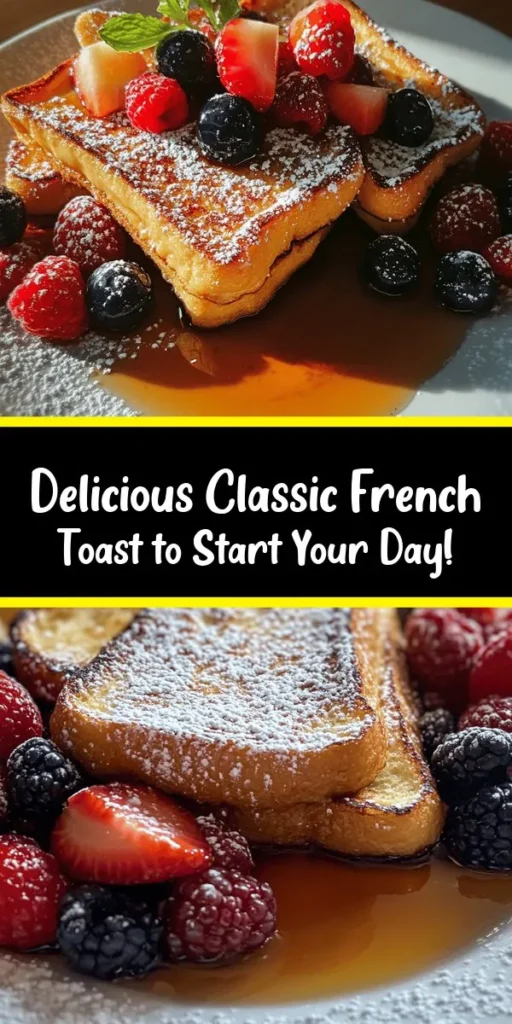 Indulge in a delightful breakfast with this Classic French Toast recipe! Made with thick-cut brioche or challah, this dish is perfectly buttery and crispy on the outside, while soft and custardy inside. With just a few simple ingredients like eggs, milk, cinnamon, and a touch of vanilla, it comes together quickly. Serve it warm with maple syrup, fresh berries, and a sprinkle of powdered sugar for the perfect morning treat. Enjoy this delicious classic!