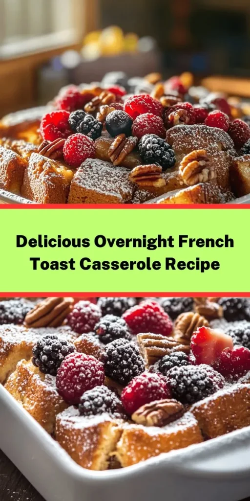 Indulge in a delicious Overnight French Toast Casserole that's perfect for brunch or breakfast gatherings! This easy recipe combines soft brioche bread with a rich custard made from eggs, milk, and cream, all infused with cinnamon and vanilla. Just prepare it the night before, let it soak, and bake in the morning for a warm, golden treat. Top with powdered sugar and fresh berries for a delightful finish. Serve it warm with maple syrup for the sweetest start to your day!
