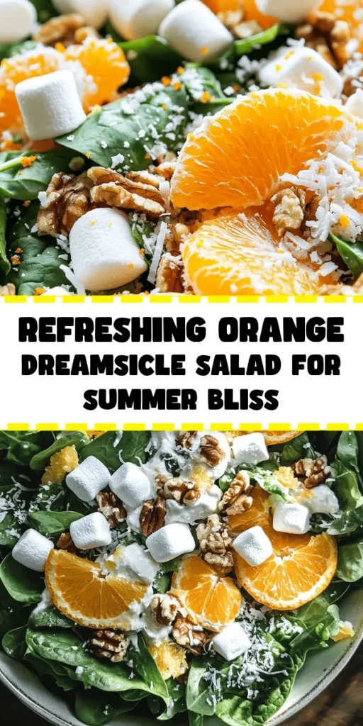 Brighten your meal with this delightful Orange Dreamsicle Salad! Perfect for summer gatherings, it combines fresh mixed greens with juicy orange segments, mini marshmallows, and shredded coconut for a fun twist. The creamy yogurt dressing with a hint of honey and vanilla adds a delicious touch. Ready in just 15 minutes, this salad is a refreshing and colorful addition to any table. Enjoy the perfect blend of sweet and savory flavors!