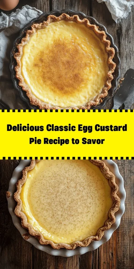 Indulge in the creamy goodness of classic Egg Custard Pie! This easy recipe features a simple pre-made pie crust filled with a rich custard made from eggs, milk, and a hint of nutmeg. Perfect for any occasion, it’s both delicious and nostalgic. Simply whisk the ingredients, bake, and chill for a luxurious dessert that everyone will love. Don’t forget to garnish with a sprinkle of nutmeg for that extra touch!