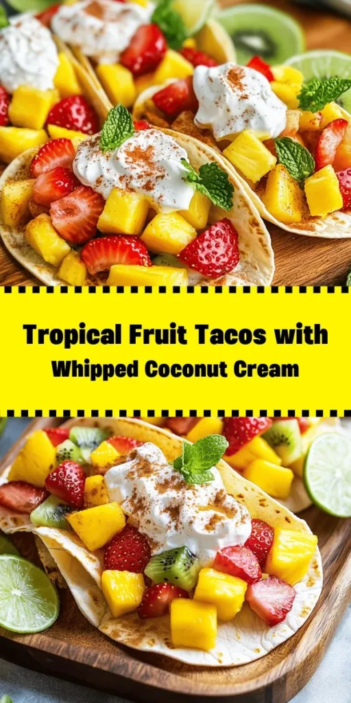 Elevate your snack game with these delightful Tropical Fruit Tacos! Filled with fresh diced pineapple, strawberries, kiwi, and mango, these colorful treats are topped with fluffy whipped coconut cream and a sprinkle of cinnamon. They're easy to make and perfect for warm days or gathering with friends. Add a drizzle of honey and a squeeze of lime for extra flavor. Garnished with mint leaves and served with lime wedges, these tacos are a refreshing burst of sunshine!