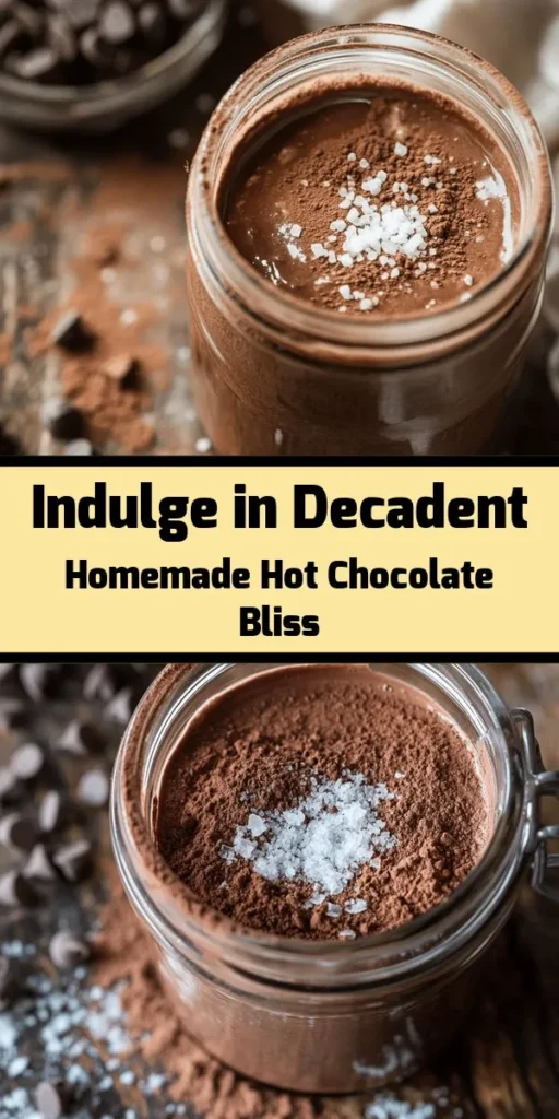 Indulge in the cozy comfort of homemade hot chocolate with this simple and decadent mix! Just combine cocoa powder, powdered sugar, and powdered milk for a rich base, with optional chocolate chips for an extra treat. Perfect for chilly nights, this mix makes about 8 cups of delicious hot chocolate. Just stir with hot water or milk, add a splash of vanilla, and top with marshmallows or whipped cream. Elevate your winter evenings with this delightful creation!