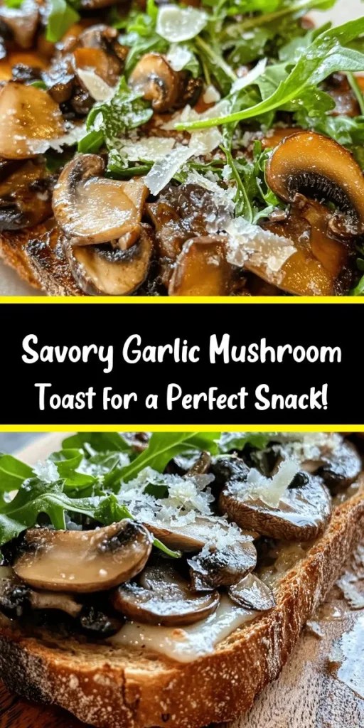 Elevate your snack game with this delicious Garlic Mushroom Toast recipe! Perfect for appetizers or a light meal, it's made with a medley of sautéed mushrooms, garlic, and fresh thyme, all piled on crispy, rustic bread. Optional toppings like grated Parmesan or feta add an extra burst of flavor, while fresh arugula offers a peppery finish. Quick to prepare, this dish is sure to impress at any gathering. Give it a try and enjoy the savory goodness!