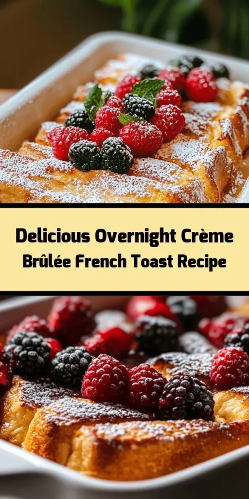 Indulge in the deliciousness of Overnight Crème Brûlée French Toast! This easy recipe transforms thick slices of brioche bread into a decadent breakfast treat. Soak the bread in a rich mixture of eggs, cream, and sugar overnight, then bake to perfection for a golden, caramelized top. Perfect for special occasions or weekend brunches, serve with fresh berries and a dusting of powdered sugar for a delightful finish. Enjoy a sweet start to your day!