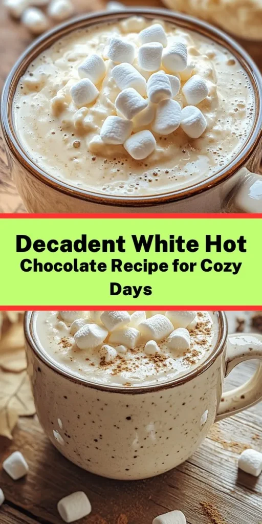 Cozy up with a cup of creamy white hot chocolate bliss! This delightful drink combines rich whole milk and heavy cream with melted white chocolate for an indulgent treat. Infused with a hint of vanilla and a touch of sea salt, it’s pure comfort in a mug. Top it off with white chocolate curls and mini marshmallows for extra sweetness. Perfect for chilly days, this recipe is quick and easy, ready in just 15 minutes. Enjoy a cup of happiness today!