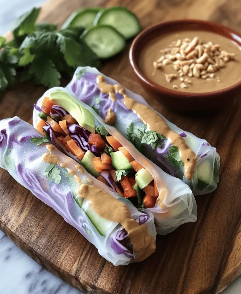 <strong>Overview of Rice Paper Wrappers: Origin and Uses</strong>” /></p>
</p>
<h3>Soften the Rice Paper Wrappers</h3>
</p>
<h4>Proper Techniques for Soaking: Avoiding Over-Softening</h4>
</p>
<p>Soaking rice paper wrappers is a crucial step in making your Hearty Veggie Rolls, as it determines their texture and pliability. To start, fill a shallow dish or large plate with warm water. The water should be warm enough to soften the wrappers but not boiling. Carefully submerge one rice paper wrapper at a time, allowing it to soak for about 10-15 seconds. Keep an eye on the texture; you want the wrapper to be soft and pliable, but not overly soggy.</p>
</p>
<p>Over-soaking can lead to tears and make the wrapper difficult to handle, so it’s essential to find the right balance. After soaking, gently lift the wrapper out of the water and allow excess water to drip off before placing it on a clean surface or a damp kitchen towel. This will help prevent sticking and make assembly easier.</p>
</p>
<h4>How to Handle Rice Paper: Tips for Ease of Use</h4>
</p>
<p>Handling rice paper can be tricky, especially if it’s your first time. Here are some tips to make the process smoother:</p>
</p>
<p>1. <strong>Work Quickly but Carefully</strong>: Once the rice paper is soaked, move quickly to assemble your rolls. The wrappers will continue to soften as they sit, so you want to avoid letting them become too soft.</p>
</p>
<p>2. <strong>Use a Damp Surface</strong>: Placing the soaked wrapper on a damp surface can help prevent it from sticking. A clean cutting board or a large plate works well.</p>
</p>
<p>3. <strong>Avoid Overlapping</strong>: When laying out multiple wrappers, avoid letting them overlap, as they can stick together and tear when you try to separate them.</p>
</p>
<p>4. <strong>Keep Extra Rice Paper Handy</strong>: It’s always good to have a few extra wrappers on hand, especially if you’re new to rolling. Mistakes happen, and having backups ensures you can still create a beautiful presentation.</p>
</p>
<h3>Assembling the Veggie Rolls</h3>
</p>
<h4>Step-by-Step Assembly Instructions</h4>
</p>
<p>Now that your rice paper wrappers are ready, let’s move on to assembling the Hearty Veggie Rolls. Follow these steps to create rolls that are not only delicious but also visually appealing:</p>
</p>
<p>1. <strong>Prepare Your Workspace</strong>: Gather all your ingredients, including the soaked rice paper wrappers, chopped vegetables, and peanut sauce. Make sure your workspace is clean and organized.</p>
</p>
<p>2. <strong>Lay Out the Wrapper</strong>: Place a soaked rice paper wrapper flat on your damp surface.</p>
</p>
<p>3. <strong>Add Fillings</strong>: In the center of the wrapper, add a small handful of your prepared veggie filling. This can include shredded carrots, sliced cucumbers, bell peppers, avocado, and fresh herbs like cilantro or mint. Be careful not to overfill, as this can make rolling difficult.</p>
</p>
<p>4. <strong>Fold the Sides</strong>: Starting from the bottom edge of the wrapper, fold it over the filling. Then, fold the sides in towards the center. This helps to enclose the filling securely.</p>
</p>
<p>5. <strong>Roll it Up</strong>: With the sides folded in, gently roll the wrapper away from you, keeping the roll tight but not too tight to avoid tearing. Continue rolling until you reach the top edge of the wrapper. Use a dab of water on the edge to seal the roll.</p>
</p>
<p>6. <strong>Repeat</strong>: Continue the process with the remaining wrappers and fillings until you have assembled all your veggie rolls.</p>
</p>
<h4>Techniques for Rolling: Ensuring a Tight and Neat Roll</h4>
</p>
<p>Creating a tight and neat roll is essential for the presentation and enjoyment of your veggie rolls. Here are some techniques to ensure your rolls are well-formed:</p>
</p>
<p>– <strong>Tension Control</strong>: When rolling, maintain a gentle yet firm tension. Too much pressure can tear the wrapper, while too little can lead to loose rolls that fall apart.</p>
</p>
<p>– <strong>Be Mindful of the Filling</strong>: Use just enough filling to create a satisfying bite without overwhelming the wrapper. A good rule of thumb is to leave about two inches of space at the top of the wrapper when adding your filling.</p>
</p>
<p>– <strong>Seal Securely</strong>: A good seal at the end of your roll helps prevent the filling from spilling out. Make sure the edges are well moistened so they stick together.</p>
</p>
<h3>Cutting and Serving Suggestions</h3>
</p>
<h4>Presentation Ideas: Arranging Rolls on a Platter</h4>
</p>
<p>Once your veggie rolls are assembled, it’s time to think about presentation. A well-arranged platter can make your dish look even more enticing. Here are some ideas:</p>
</p>
<p>– <strong>Group by Color</strong>: Arrange your rolls in groups based on the colors of the fillings. For instance, group green (cucumber and avocado) rolls together and place orange (carrots) rolls in another section. This adds visual interest to your platter.</p>
</p>
<p>– <strong>Utilize Garnishes</strong>: Consider using a bed of leafy greens, such as lettuce or spinach, to create a vibrant base for your veggie rolls. This not only enhances the appearance but also adds an additional layer of freshness.</p>
</p>
<p>– <strong>Dip Bowls</strong>: Create small bowls of peanut sauce for dipping and place them around the platter. This encourages guests to grab a roll and dip as they go.</p>
</p>
<h4>Garnishing with Chopped Peanuts: Enhancing Visual Appeal and Crunch</h4>
</p>
<p>To elevate both the visual appeal and the flavor of your Hearty Veggie Rolls, consider garnishing with chopped peanuts. Here’s how to do it:</p>
</p>
<p>1. <strong>Toast the Peanuts</strong>: Lightly toast chopped peanuts in a dry skillet over medium heat for a few minutes until they are golden and fragrant. This enhances their flavor and adds a delightful crunch.</p>
</p>
<p>2. <strong>Sprinkle Generously</strong>: Just before serving, sprinkle the toasted peanuts over the arranged veggie rolls. This not only adds a lovely texture but also invites guests to enjoy the nutty flavor that complements the peanut sauce.</p>
</p>
<h3>Nutritional Insights and Benefits</h3>
</p>
<h4>Health Benefits of Hearty Veggie Rolls</h4>
</p>
<p>Hearty Veggie Rolls are not only delicious but also packed with nutritional benefits. Here’s a closer look:</p>
</p>
<p>– <strong>Low-Calorie Snack</strong>: These rolls are an excellent choice for those looking to manage their weight. Filled with fresh vegetables, they offer a satisfying option that is low in calories yet high in nutrients.</p>
</p>
<p>– <strong>Rich in Vitamins and Minerals</strong>: The variety of vegetables used in these rolls provides essential vitamins and minerals that support overall health. For instance, carrots are high in beta-carotene, while bell peppers are rich in vitamin C.</p>
</p>
<p>– <strong>Plant-Based Protein</strong>: The peanut sauce contributes a good amount of plant-based protein, which is crucial for muscle repair and growth. This makes the rolls a balanced snack or light meal option.</p>
</p>
<h4>The Role of Healthy Fats</h4>
</p>
<p>Incorporating healthy fats into your diet is vital for optimal health. Here’s how the ingredients in your veggie rolls contribute:</p>
</p>
<p>– <strong>Understanding Avocado’s Nutritional Contribution</strong>: If you choose to include avocado in your rolls, you’re not only adding creaminess but also essential fatty acids. Avocados are rich in monounsaturated fats, which are heart-healthy and can help lower bad cholesterol levels.</p>
</p>
<p>– <strong>Balancing Dietary Fats for a Healthy Diet</strong>: The combination of healthy fats from both the avocado and peanut sauce helps to keep you feeling satiated and satisfied. This balance is essential in maintaining energy levels and overall health.</p>
</p>
<h3>Serving Suggestions and Pairings</h3>
</p>
<h4>Complementing Your Veggie Rolls</h4>
</p>
<p>To create a well-rounded meal experience, consider these serving suggestions that pair well with your Hearty Veggie Rolls:</p>
</p>
<p>– <strong>Recommended Side Dishes</strong>: Light, refreshing side dishes such as a cucumber salad or a simple miso soup complement the veggie rolls perfectly. They enhance the meal without overpowering the fresh flavors of the rolls.</p>
</p>
<p>– <strong>Beverage Pairings</strong>: A crisp, cold drink can elevate your dining experience. Consider pairing your veggie rolls with a light iced green tea or a sparkling water infused with citrus. These beverages refresh the palate and enhance the overall enjoyment of your meal.</p>
</p>
<h3>Exploring Variations of Veggie Rolls</h3>
</p>
<h4>Creative Twists on the Classic Recipe</h4>
</p>
<p>One of the best features of veggie rolls is their adaptability. Here are some creative twists you can explore:</p>
</p>
<p>– <strong>Substituting Ingredients for Dietary Needs</strong>: If you or your guests have dietary restrictions, there are plenty of substitutions available. For example, use gluten-free rice paper for those with gluten intolerance, or substitute sunflower butter for peanut sauce if nut allergies are a concern.</p>
</p>
<p>– <strong>Adding Proteins</strong>: For a heartier version, consider adding tofu or tempeh to your rolls. These plant-based proteins not only enhance the nutritional profile but also contribute to a more filling meal.</p>
</p>
<p>– <strong>Seasonal Variations</strong>: Take advantage of seasonal produce to keep your veggie rolls exciting. For instance, in the summer, incorporate fresh corn and zucchini, while in the fall, consider adding roasted sweet potatoes or butternut squash.</p>
</p>
<h3>Conclusion</h3>
</p>
<p>Hearty Veggie Rolls with Peanut Sauce offer a delightful way to incorporate more vegetables into your diet while enjoying a satisfying and flavorful dish. By understanding the ingredients, following the preparation steps, and appreciating the nutritional benefits, you can confidently create this recipe in your kitchen. The versatility of veggie rolls allows for endless variations, making them a staple in any health-conscious individual’s meal repertoire. Enjoy the freshness, crunch, and taste of these delightful rolls, and revel in the joy of healthy eating!</p>
<div id=