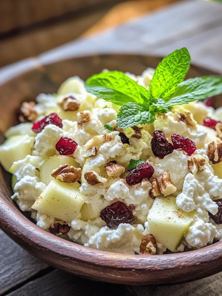 The Cottage Cheese & Apple Salad Delight is not just another salad; it's a celebration of flavors and health benefits. Cottage cheese serves as a fantastic source of protein, making this salad a filling meal option. The addition of apples brings a natural sweetness and a satisfying crunch, while nuts and dried fruits add texture and depth. This salad is not only easy to prepare but also encourages a healthy eating pattern by incorporating whole foods that can keep you energized throughout the day.