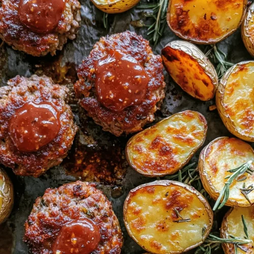 Savory Sheet Pan Mini Meatloaf & Crispy Roasted Potatoes is a delightful and practical dish that merges the comforting flavors of classic meatloaf with the crispy goodness of roasted potatoes—all prepared on a single baking sheet. This recipe not only streamlines your cooking process but also makes clean-up a breeze. Ideal for busy weeknights or a cozy family dinner, this dish is incredibly versatile, allowing for ingredient substitutions and variations to suit your dietary needs or personal preferences.