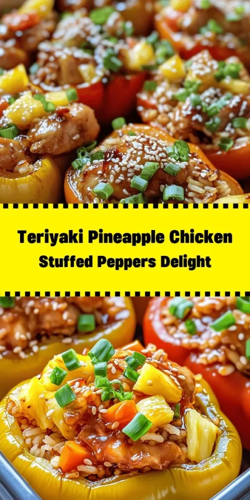 Try this delicious Teriyaki Pineapple Chicken & Rice Stuffed Peppers recipe for a tasty and colorful meal! Packed with diced chicken, fresh pineapple, and jasmine rice, these vibrant bell peppers are full of flavor. The dish is easy to prepare, with a quick sautéing of the chicken and a simple baking process that makes it perfect for a weeknight dinner. Serve them garnished with green onions and sesame seeds for an added touch. Enjoy a healthy, satisfying, and fun meal!
