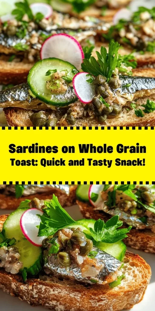 Discover the deliciousness of Sardines on Whole Grain Toast! This quick and easy recipe combines nutritious canned sardines with zesty Dijon mustard, fresh lemon juice, and capers for a burst of flavor. Perfectly toasted whole grain bread serves as the base, topped with a sprinkle of parsley and optional crunchy radishes or cucumber for extra texture. Ready in just 20 minutes, it's a healthy snack or light meal you'll love. Give it a try today!