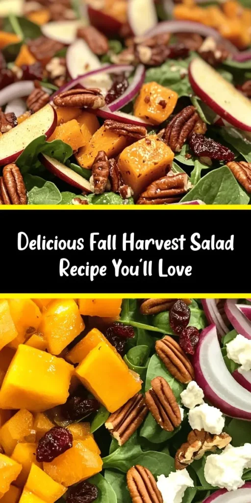Embrace the flavors of fall with this delicious Fall Harvest Salad! Perfect for gatherings or a cozy dinner at home, this vibrant mix features baby spinach and arugula topped with roasted butternut squash, sweet apple slices, tangy goat cheese, and crunchy candied pecans. Drizzle with balsamic vinaigrette for a delightful finish. It's a healthy, colorful dish that celebrates the season's best ingredients. Easy to make and full of flavor, this salad is sure to impress!