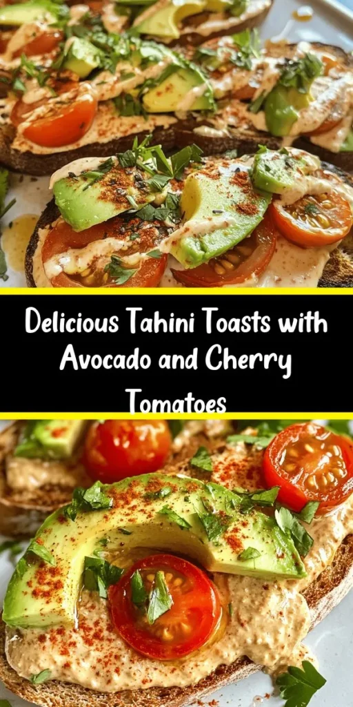 Elevate your breakfast with these flavorful Tahini Toasts with a Twist! Perfect for a healthy start or a light lunch, this recipe features toasted whole grain bread topped with a creamy tahini mixture, fresh avocado slices, and juicy cherry tomatoes. Finished with a sprinkle of fresh herbs and a dash of chili flakes, they’re as delicious as they are nutritious. Ready in just 15 minutes, this dish is bound to be a new favorite!
