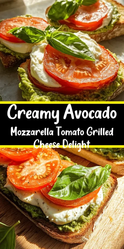 Indulge in the ultimate comfort food with this creamy avocado and mozzarella tomato grilled cheese! This easy recipe combines perfectly toasted sourdough bread with rich mashed avocado, fresh mozzarella, and juicy tomato slices. Add a punch of flavor with basil pesto if you like! Ready in just 15 minutes, this sandwich is not only delicious but also packed with nutrients. Serve warm and garnish with fresh basil for a delightful twist. Enjoy your cheesy goodness!