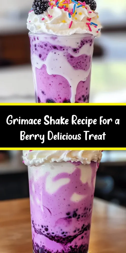 Indulge in a whimsical treat with this Grimace Shake Delight! This creamy blend of vanilla ice cream, fresh blackberries, and a hint of vanilla makes for the perfect refreshing dessert. Quick and easy to whip up in just 10 minutes, this shake is topped with fluffy whipped cream, extra blackberries, and colorful sprinkles for a fun touch. Perfect for parties or a sweet surprise, serve it in tall glasses with colorful straws for an extra festive vibe!