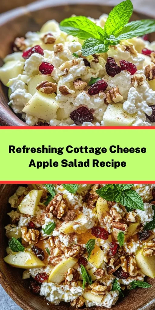 Savor the fresh flavors of this Cottage Cheese & Apple Salad Delight that’s perfect for any meal! With just a handful of ingredients, this easy recipe features creamy cottage cheese, crunchy apples, and a delightful mix of walnuts and dried cranberries. Drizzled with a honey-cinnamon dressing and a splash of lemon juice, it’s both sweet and tangy. Chill it for a bit, and enjoy a refreshing salad that’s ready in just 25 minutes. Perfect for a healthy snack or light lunch!