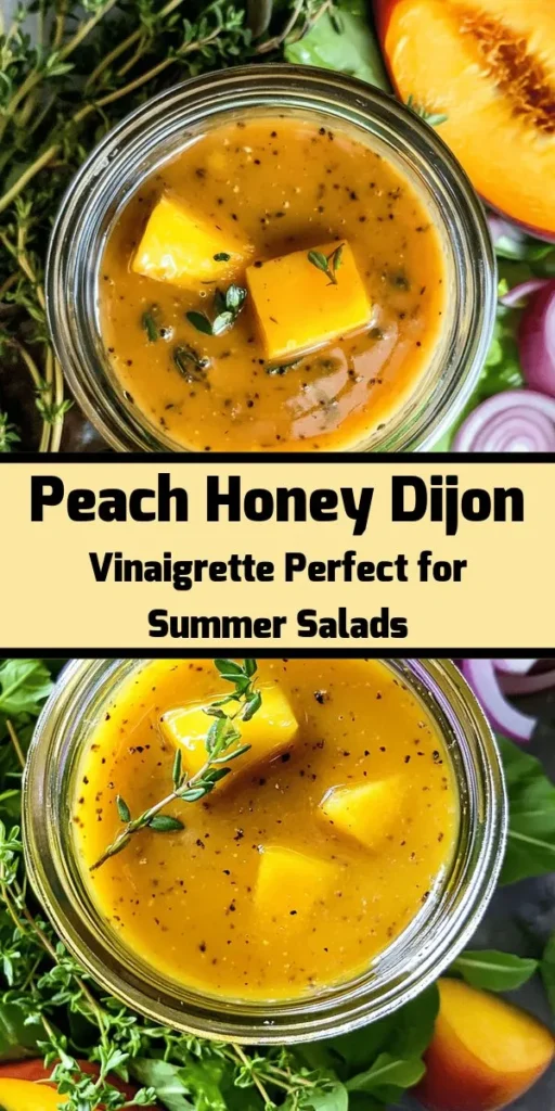 Elevate your salads with this delicious Peach Honey Dijon Balsamic Vinaigrette! This easy recipe combines fresh, chopped peaches with sweet honey and tangy Dijon mustard for a flavor explosion. Simply blend the ingredients, including balsamic vinegar and olive oil, until creamy. Chill for 30 minutes to enhance the flavors. Perfect for drizzling over salads, grilled vegetables, or roasted meats. Enjoy a burst of summer in every bite!