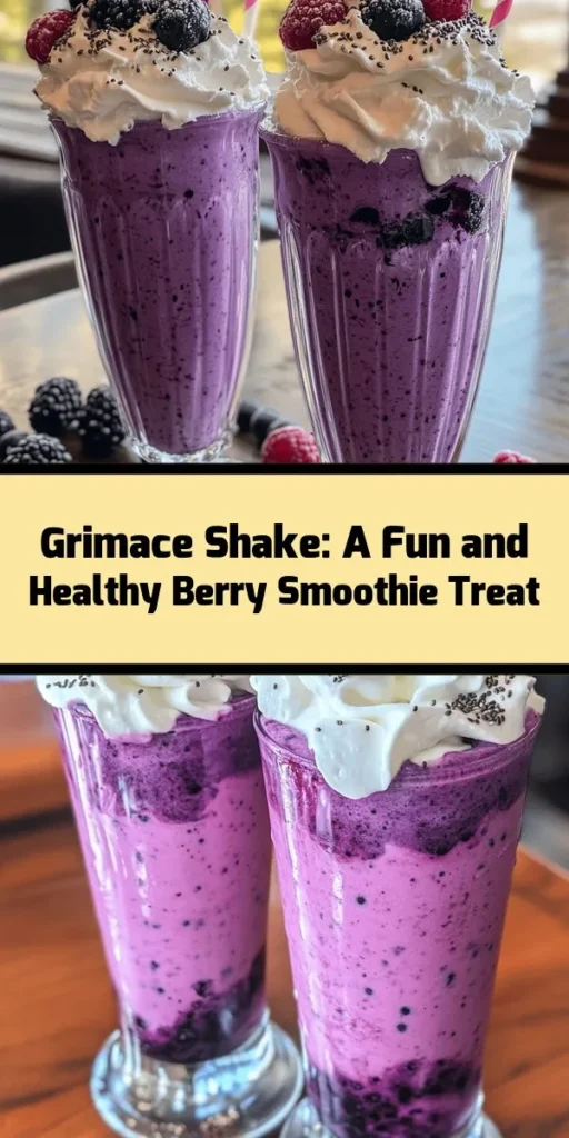 Indulge in the vibrant Grimace Shake, a delicious and nutritious treat perfect for all ages! This smoothie combines creamy vanilla yogurt with frozen mixed berries, a banana, and spinach for a healthy twist. Sweeten it up with honey or maple syrup and add chia seeds for extra nutrition. Ready in just 10 minutes, this shake is not only refreshing but also playful, especially when topped with whipped cream and fresh berries. Enjoy a delightful boost any time of day!