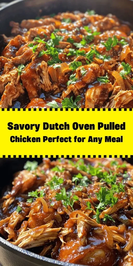 Discover the deliciousness of Dutch Oven Pulled Chicken Delight! This simple recipe transforms juicy chicken thighs into a savory masterpiece with the perfect blend of barbecue sauce, apple cider vinegar, and spices. Sear the chicken to lock in flavor, then slow-cook it to tender perfection. Perfect for sandwiches, tacos, or over rice, this dish is sure to impress your family and friends. Garnish with fresh parsley for a pop of color and flavor! Enjoy a hearty meal with minimal effort.
