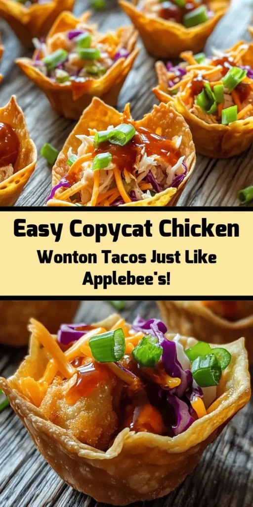Make your next gathering a hit with these crunchy delight copycat Applebee's chicken wonton tacos! These bite-sized treats are packed with flavorful diced chicken, crispy coleslaw, and melty cheddar, all wrapped in golden wonton cups. Perfect as an appetizer or a fun main dish, these tacos come together quickly and are sure to impress. Serve them warm with a drizzle of sweet chili sauce and extra green onions for a tasty twist. Enjoy every crispy bite!