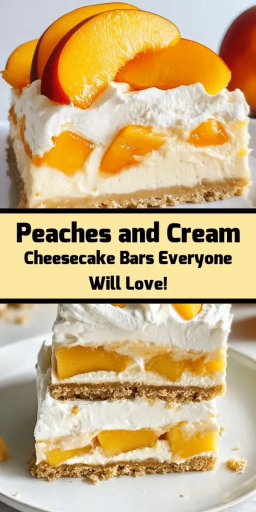 Delight in the sweet, creamy goodness of these Peaches and Cream Cheesecake Bars! With a buttery graham cracker crust and a luscious cheesecake filling studded with fresh peaches, each bite is pure bliss. Topped with a light whipped cream and more peach slices, these decadent bars are perfect for summer gatherings or any special occasion. Simple to make and irresistibly delicious, they are sure to impress your friends and family! Enjoy this easy recipe that yields 16 servings of heavenly dessert.