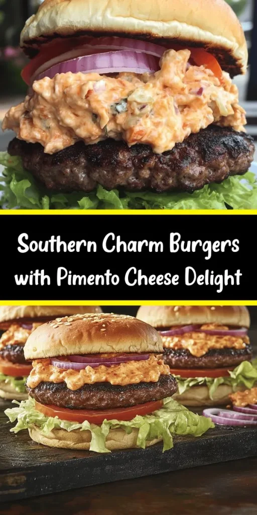 Elevate your grilling game with these Southern Charm Burgers topped with creamy pimento cheese! This delicious recipe is quick, taking just 25 minutes from prep to plate. Juicy beef patties are seasoned perfectly and grilled to perfection, then piled high with homemade or store-bought pimento cheese, crisp lettuce, ripe tomatoes, and zesty red onions on a toasted bun. Perfect for backyard BBQs or casual dinners, these burgers bring a taste of the South to your table!