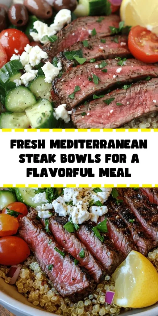 Treat yourself to a burst of flavor with these Mediterranean Steak Bowls! This easy recipe features marinated flank steak grilled to perfection, served over fluffy quinoa or couscous with a vibrant mix of cherry tomatoes, cucumbers, red onions, and Kalamata olives. Topped with crumbled feta and a squeeze of fresh lemon, this dish is not only delicious but also nutritious. Perfect for a weeknight dinner or meal prep, it’s ready in just an hour! Enjoy a taste of the Mediterranean right at home.