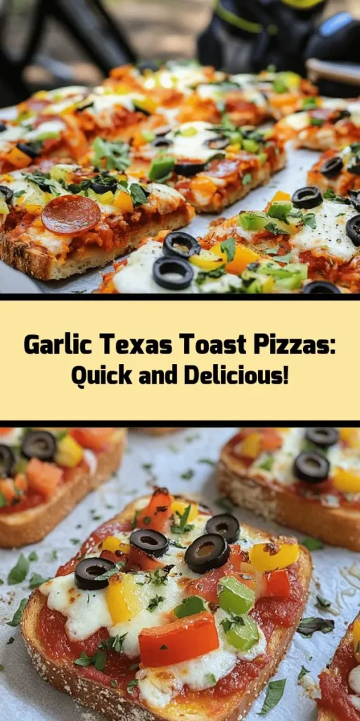 Transform your pizza night with this quick and easy Garlic Texas Toast Pizzas recipe! Using frozen garlic Texas toast as a base, simply layer on pizza sauce, mozzarella cheese, and your favorite toppings like pepperoni and bell peppers. With just a few minutes in the oven, you’ll have a deliciously cheesy and crispy treat that's perfect for any gathering or a cozy night in. Fast prep, loaded with flavor, and ready in under 20 minutes! Enjoy this amazing twist on pizza today!