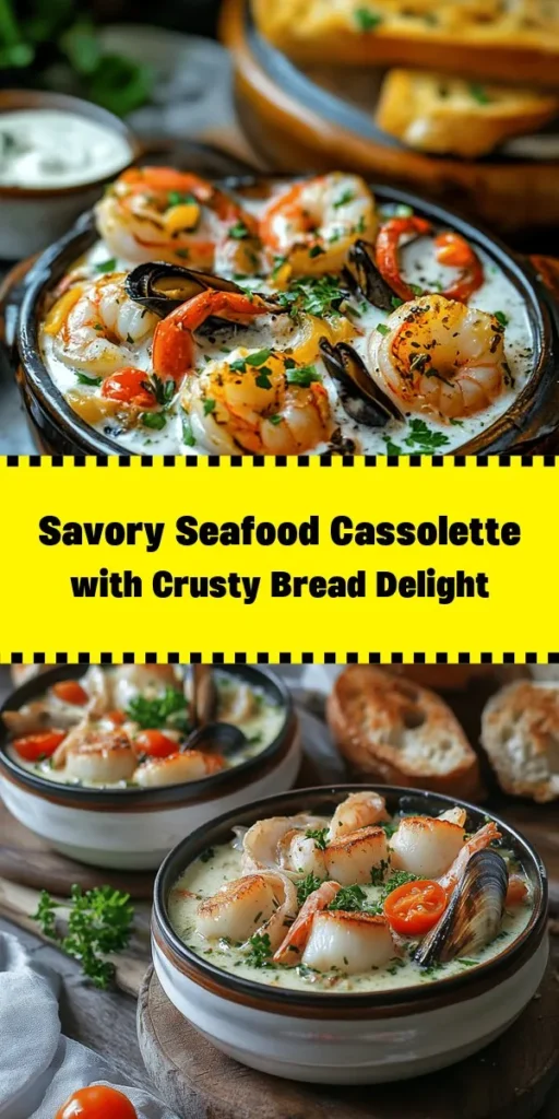 Elevate your dinner game with this delicious Gourmet Seafood Cassolette! Featuring shrimp, scallops, mussels, and squid, this creamy dish combines fresh seafood with aromatic flavors. Cooked in a rich sauce of white wine, fish stock, and juicy cherry tomatoes, it's perfect for a cozy night in or impressing guests. Serve it with crusty bread for the ultimate experience. Ready in just 35 minutes, it's both quick and indulgent! Don't miss out on this seafood delight!