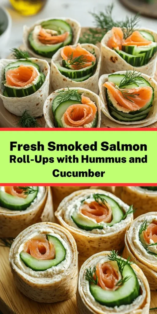 Add a burst of flavor to your snack time with these delightful Smoked Salmon Roll-Ups! Packed with creamy hummus, fresh cucumber, and aromatic dill, these easy-to-make roll-ups are perfect for a healthy appetizer or light lunch. Simply spread hummus on whole wheat tortillas, layer with smoked salmon and cucumber, roll them up, and slice into bite-sized pieces. Ready in just 15 minutes, these tasty treats are sure to impress!