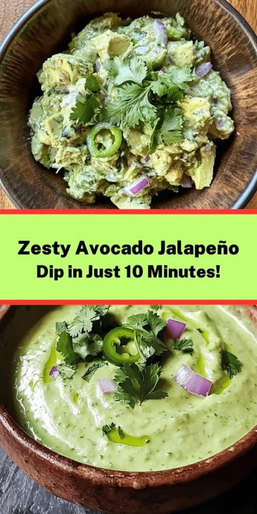 Elevate your snacking game with this Zesty Avocado Jalapeño Dip! Ready in just 10 minutes, this creamy and flavorful dip pairs perfectly with tortilla chips, veggies, or even as a spread. Made with ripe avocados, fresh cilantro, zesty lime juice, and a kick of jalapeño, it's sure to please at any gathering. Plus, it's customizable for your taste—add more lime or olive oil for extra richness. Dive into this delicious recipe and enjoy a burst of flavor!