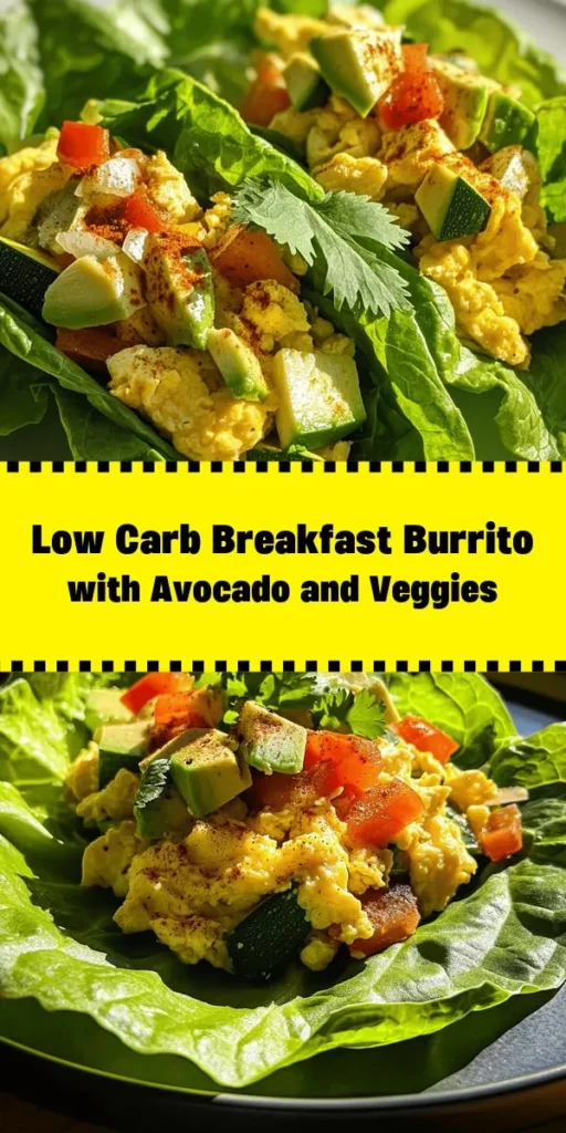 Start your day off right with this delicious Low Carb Breakfast Burrito Delight! Packed with protein-rich eggs, fresh veggies like bell peppers and zucchini, and creamy avocado, this healthy breakfast is both satisfying and simple to make. Instead of tortillas, we use crisp lettuce leaves for a low-carb twist. Perfect for meal prep or a quick morning bite, this colorful dish can be customized with your favorite toppings. Enjoy guilt-free mornings with this tasty recipe!