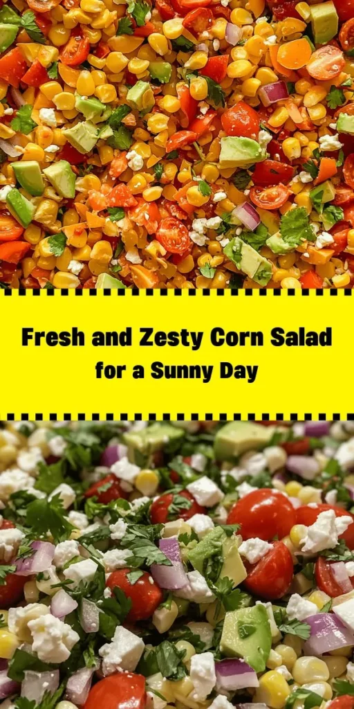 Brighten your day with this Sunny Delight Corn Salad! Packed with fresh flavors from sweet corn, juicy cherry tomatoes, crisp bell peppers, and creamy avocado, this salad is perfect for summer gatherings or a refreshing side dish. Tossed with a zesty lime dressing and topped with feta cheese and cilantro, it's a vibrant and healthy choice. Quick to prepare, this delightful salad is sure to impress your friends and family. Enjoy it fresh or chill for maximum flavor!