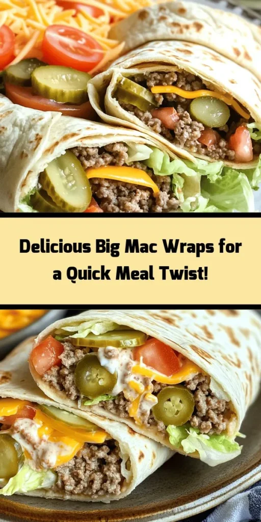Try these delicious Big Mac Wraps for a fun twist on a classic favorite! Made with seasoned ground beef, fresh veggies, and creamy thousand island dressing, these wraps are easy to prepare and perfect for any meal. With a quick prep time of just 15 minutes, you can enjoy a flavorful and filling dinner in no time. Toast them for added crunch and serve with extra dressing for dipping. Your family will love this tasty, handheld meal!