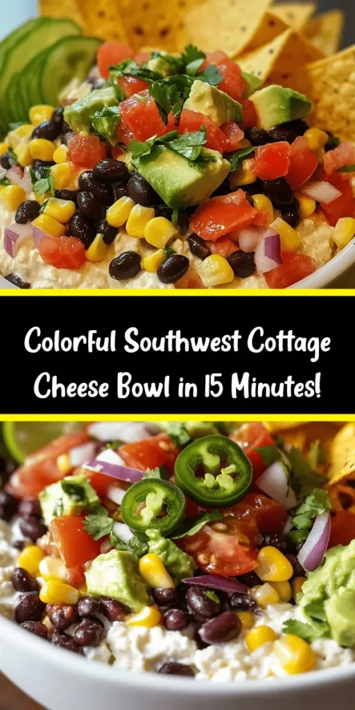 Enjoy a burst of flavor with this Southwest Cottage Cheese Bowl! Packed with protein from the cottage cheese and black beans, plus the freshness of avocado, cherry tomatoes, and corn, this dish is a deliciously healthy option. Ready in just 15 minutes, it's perfect for lunch or dinner. Seasoned with cumin and smoked paprika, every bite is a taste explosion. Garnish with cilantro and serve with tortilla chips for the ultimate crunch!