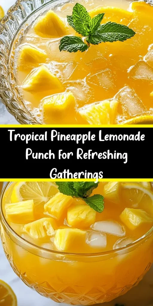 Quench your thirst with this refreshing Pineapple Lemonade Punch! Just mix fresh pineapple juice, zesty lemon juice, and sugar, then add sparkling water for that fizzy touch. Serve over ice and garnish with juicy pineapple, lemon slices, and mint leaves for a burst of flavor. Perfect for summer parties or any gathering, this delightful punch is easy to make and sure to impress your guests. Enjoy a tropical twist in every sip!