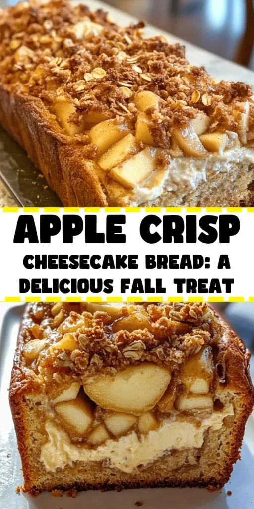 Indulge in the perfect blend of flavors with this Apple Crisp Cheesecake Bread! This delightful loaf features a soft, cinnamon-infused apple bread base, a creamy cheesecake swirl, and a crunchy oat topping. Ideal for breakfast, dessert, or a cozy snack, it's sure to impress family and friends. With simple ingredients and easy steps, you’ll have a delicious treat that combines all the best autumn flavors. Try this recipe for a delightful taste of fall!