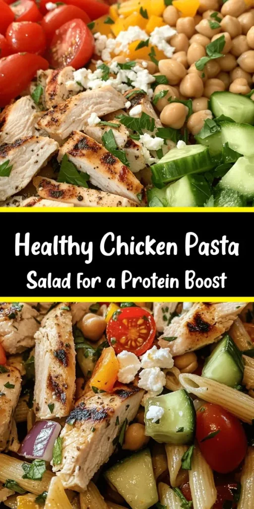 Looking for a delicious and nutritious meal? Try this protein-packed chicken pasta salad! Made with whole wheat pasta, grilled chicken, fresh veggies, and chickpeas, it’s perfect for a light lunch or dinner. Tossed in a creamy Greek yogurt dressing with a hint of lemon, this colorful dish is not only satisfying but also easy to prepare. Ready in just 50 minutes, it's great for meal prep or feeding a crowd. Enjoy the flavors of summer any time of year!