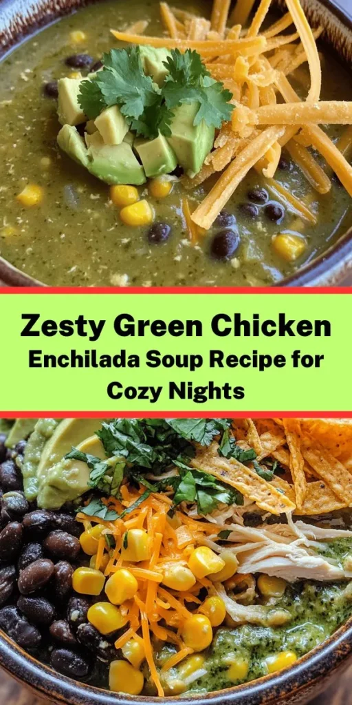 Warm up with this Zesty Green Chicken Enchilada Soup that brings bold flavors and a comforting touch to your table. In just 45 minutes, you can enjoy tender shredded chicken, black beans, and corn simmered in a zesty green enchilada sauce. Top each bowl with fresh cilantro, creamy avocado, and a sprinkle of cheese for a satisfying meal. Perfect for family dinners or cozy nights in, this soup is sure to become a favorite!