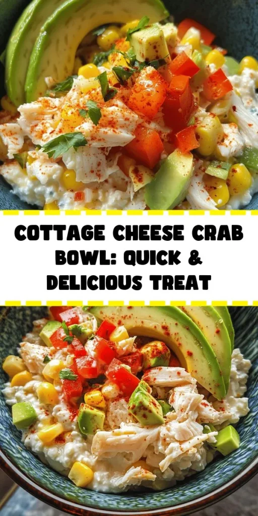Get ready to impress with this Cottage Cheese Crab Delight! This refreshing recipe combines creamy cottage cheese and tender imitation crab meat with colorful bell peppers, sweet corn, and zesty lime. Perfect for a light lunch or snack, it's quick to prepare in just 10 minutes. Top it off with avocado slices and a sprinkle of chili flakes for an extra kick. Packed with flavor and nutrients, it's a delightful treat you won't want to miss!