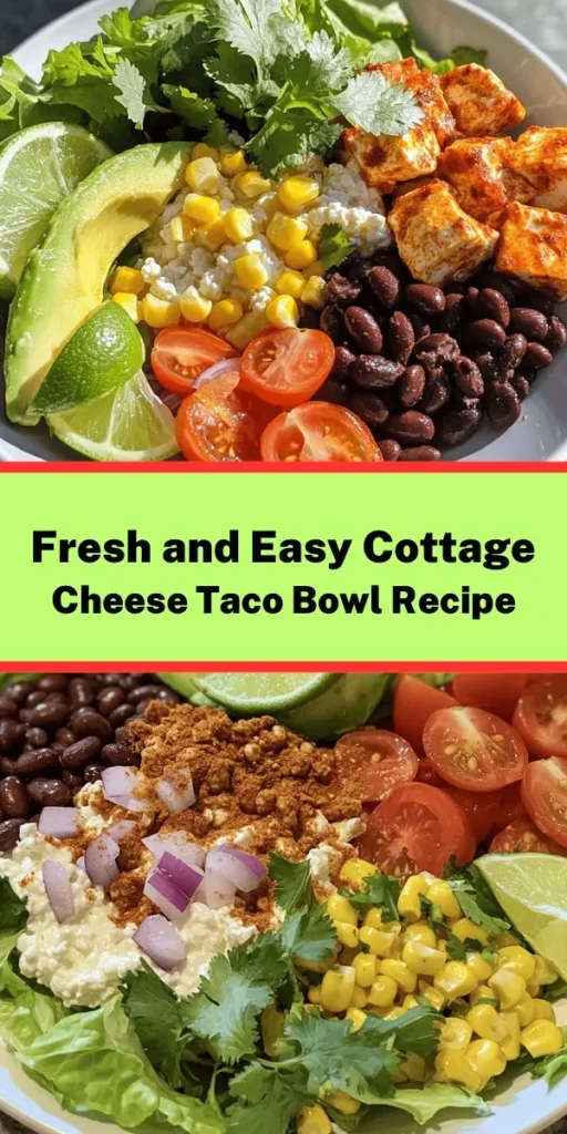 Upgrade your meal prep with this Easy Cottage Cheese Taco Bowl! Packed with protein and flavor, this vibrant dish combines creamy cottage cheese with fresh avocado, cherry tomatoes, black beans, corn, and crunchy lettuce. Seasoned with cumin and chili powder, it’s customizable with optional toppings like Greek yogurt and hot sauce. Ready in just 10 minutes, it's a perfect healthy lunch or dinner that’s both delicious and satisfying. Enjoy with a squeeze of lime!