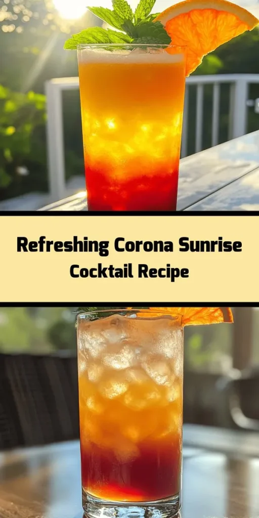 Brighten up your day with this refreshing Corona Sunrise cocktail! Made with fresh orange juice, coconut water, and a splash of grenadine, this drink is as beautiful as it is delicious. The stunning gradient effect will impress your guests, while the mint and orange slice garnish add a perfect finishing touch. Perfect for brunch or a sunny afternoon, it's easy to whip up in just 10 minutes. Cheers to a taste of paradise!