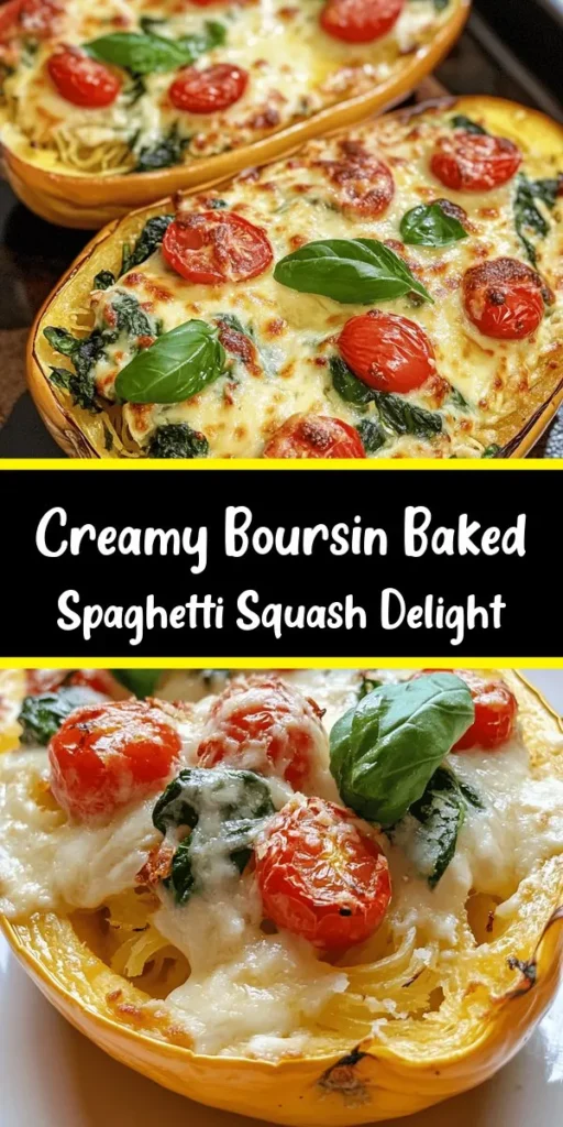 Discover the perfect comfort dish with this Baked Boursin Spaghetti Squash recipe! Combining the creamy goodness of Boursin cheese with sautéed spinach, cherry tomatoes, and a sprinkle of Parmesan, this meal is packed with flavor. Simple to prepare, bake the squash and fill it with a decadent mixture, then return to the oven for a bubbly finish. Perfect for a healthy weeknight dinner or a tasty side. Enjoy this scrumptious dish, garnished with fresh basil!