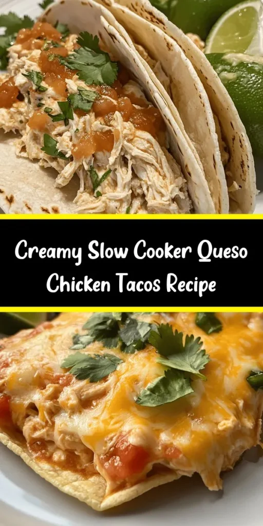 Savor the deliciousness of Slow Cooker Queso Chicken Tacos, a perfect crowd-pleaser for any occasion! Made with tender chicken, creamy salsa, and melty cheese, these tacos are bursting with flavor. Just combine the ingredients in the slow cooker, let them cook, and soon you'll have a cheesy and hearty filling for your tortillas. Garnish with fresh cilantro and serve with lime wedges for an extra zing. Ideal for busy weeknights or family gatherings!