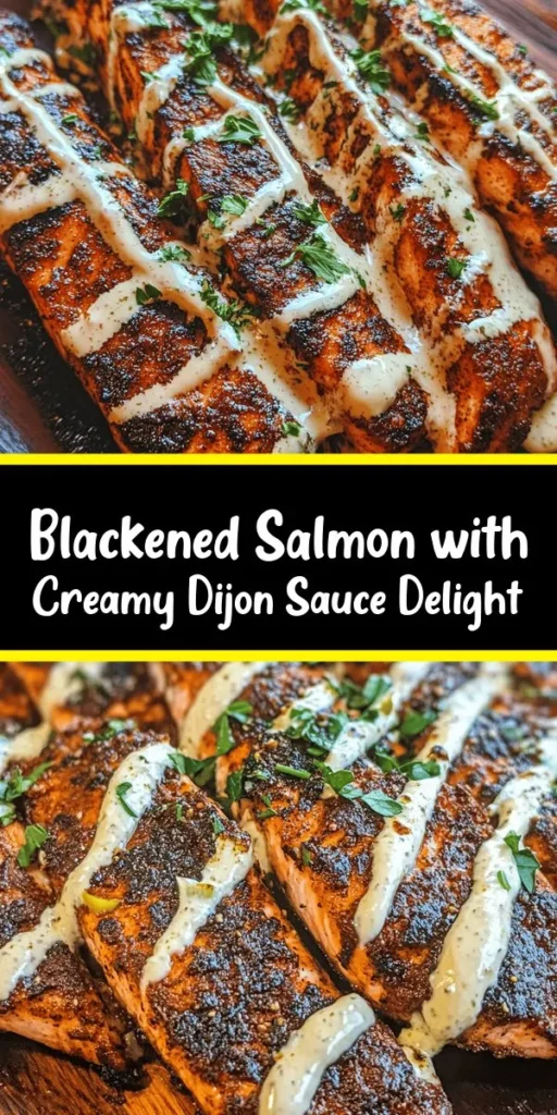 Indulge in the bold flavors of this Sizzling Blackened Salmon with Creamy Dijon Sauce! Perfectly seasoned with smoked paprika and cayenne, each fillet is seared to crispy perfection. Paired with a luscious, tangy sauce made from heavy cream and Dijon mustard, this dish is a guaranteed crowd-pleaser. Quick to prepare in just 25 minutes, it's ideal for a weeknight dinner or an impressive gathering. Serve it up with your favorite sides and enjoy the burst of flavors!
