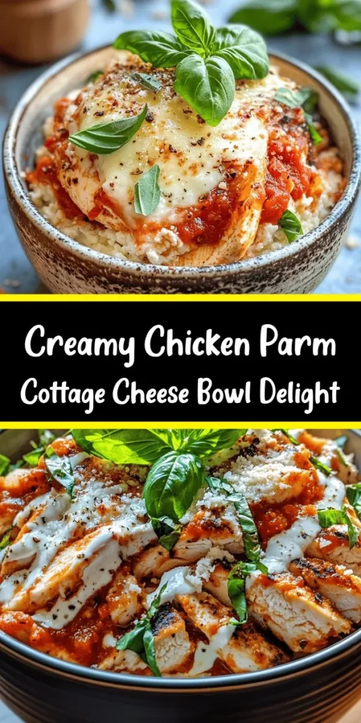 Savor a delicious twist on a classic with this Chicken Parm Cottage Cheese Bowl! This recipe features tender, seasoned chicken cooked to perfection in marinara and topped with melted mozzarella and Parmesan cheese. Served over creamy cottage cheese, it's a comforting, protein-packed meal. Perfect for busy weeknights, it comes together in just about 50 minutes. Don't forget to garnish with fresh basil for an added flavor boost. Enjoy every bite!