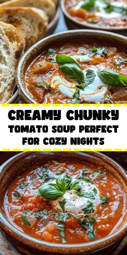 Warm up with this delectable creamy chunky tomato soup that's perfect for any occasion! Made with simple ingredients like diced tomatoes, onions, and fresh herbs, this comforting recipe comes together in just 45 minutes. The addition of heavy cream creates a rich and velvety texture, while optional red pepper flakes add a hint of spice. Pair it with crusty bread or a grilled cheese for an irresistible meal. Enjoy the cozy goodness!