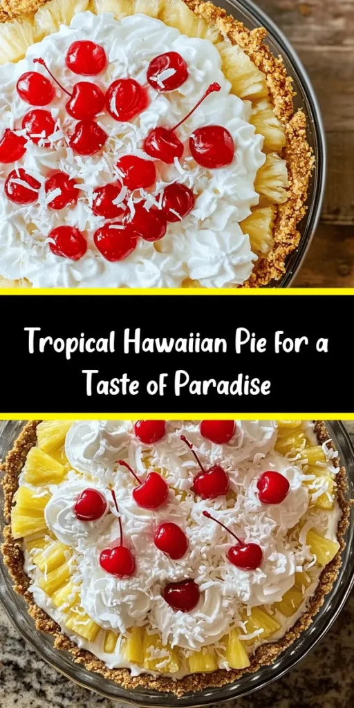 Bring a taste of the tropics to your dessert table with this Tropical Bliss Hawaiian Pie! Bursting with flavors of crushed pineapple, creamy coconut, and a hint of lime, this easy recipe is perfect for gatherings or a sweet treat at home. With a delightful graham cracker crust and topped with whipped cream and maraschino cherries, it's sure to impress. Get ready to enjoy every slice of this refreshing and creamy pie!
